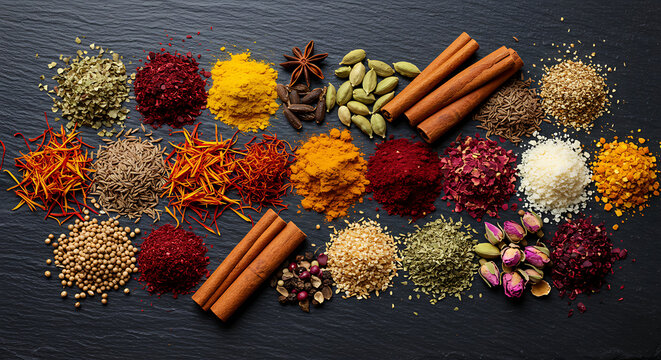 "A flat lay of colorful Middle Eastern spices on a dark stone background. Includes saffron, sumac, cumin seeds, coriander, turmeric, cinnamon, and dried rose petals. Artistic and cultural, with strong