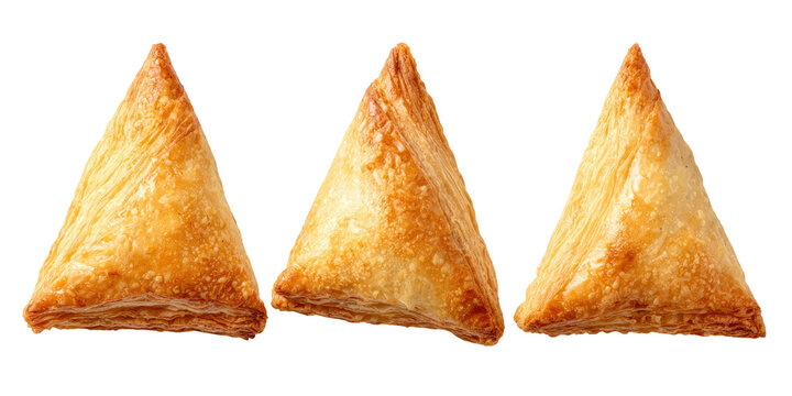 Three triangular pastries, golden brown and crisp