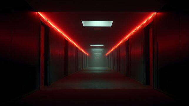 Eerie Crimson Corridor Perspective, Long Tunnel Aesthetic, Liminal Space Concept for Mystery & Crime Promotions.Generative AI
