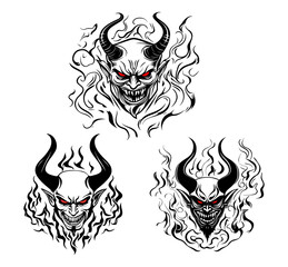 Obraz premium Set of demonic faces with horns and flames illustration