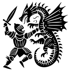 Medieval knight fighting dragon illustration