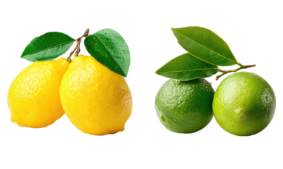 Two citrus fruits, a lemon and a lime, with leaves
