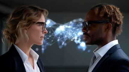 Side portrait of both professionals in animated discussion, digital network diagram glowing beside them.