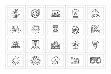 Collection of hand drawn icons representing environmental issues and solutions
