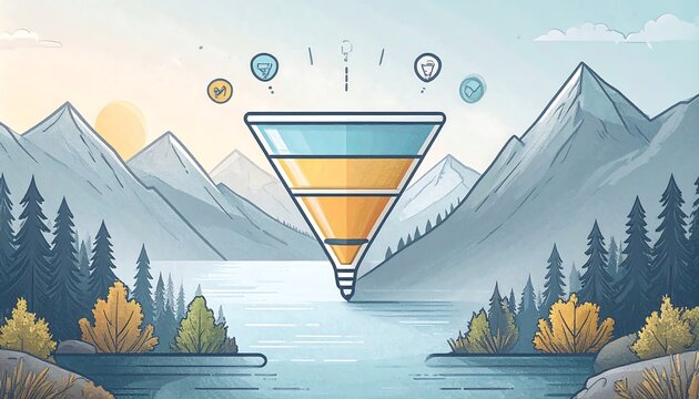 A marketing funnel graphic over a tranquil mountain lake scene