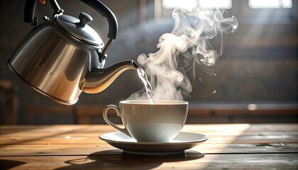 Steaming water pours from a shiny metal kettle into a white ceramic cup and saucer on a warm wooden surface, backlit by soft natural light creating whisps of steam