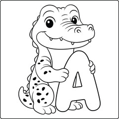 Letter A with Alligator Educational sketch Coloring Page for Kids
