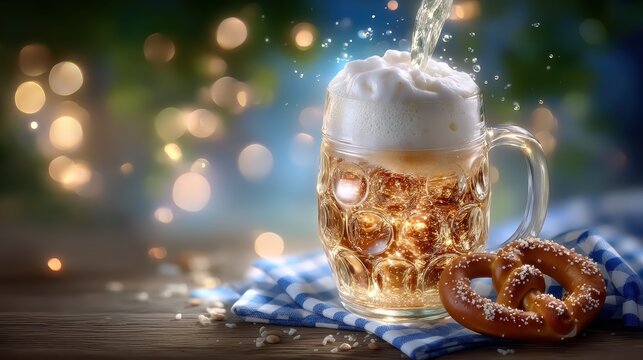 Amber beer pouring into stein with pretzel snack