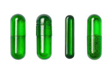 Four translucent emerald green capsules, varying in view