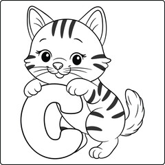 Letter C with Cat Educational sketch Coloring Page for Kids
