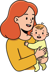 Mother holding baby child in yellow and cream clothes vector illustration for family lifestyle and parenting care 