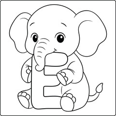 Letter E with Elephant Educational sketch Coloring Page for Kids