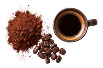 Espresso coffee, cocoa powder, and coffee beans.  A top-down view shows a small, dark espresso cup filled with coffee, surrounded by a scattering of coffee beans and a generous amount of cocoa powder