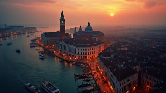 cinematic Aerial Venice cityscape landmark at sunset or night