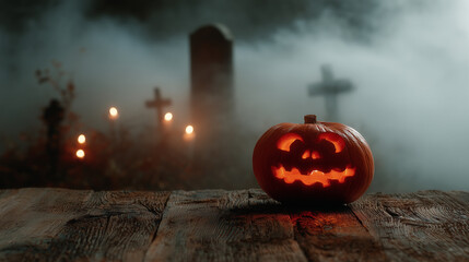 Upiorna dynia z wyciętą twarzą stoi na drewnianym stole w cmentarnym otoczeniu z mgłą, nagrobkami i świecami w tle.