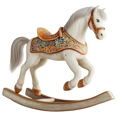 Rocking Horse Delight: A beautifully crafted white rocking horse with intricate details, evoking nostalgia and childhood joy. The horse, adorned with a decorated saddle.