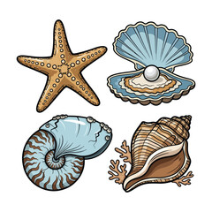 Colorful Sea Shells and Starfish Vector Set – Nautical Beach Elements Illustration with Ocean Marine Life