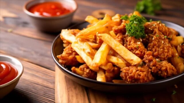 Crispy fried chicken and french fries