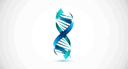 Abstract illustration of a DNA double helix strand in shades of blue and teal against a white background.