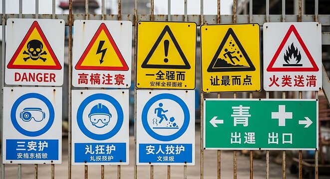Industrial Safety Signs with Factory Fence.