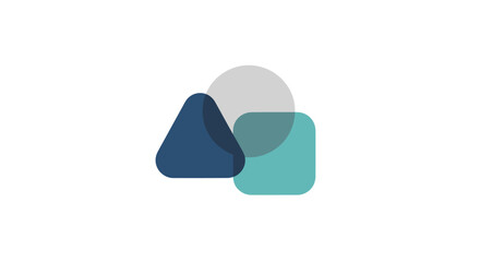 Abstract composition featuring a blue triangle, a turquoise square, and a gray circle, overlapping on a white background.