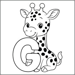 Letter G with Giraffe Educational sketch Coloring Page for Kids