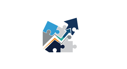 Abstract graphic depicting puzzle pieces forming an upward arrow, symbolizing growth, solution, and strategy.
