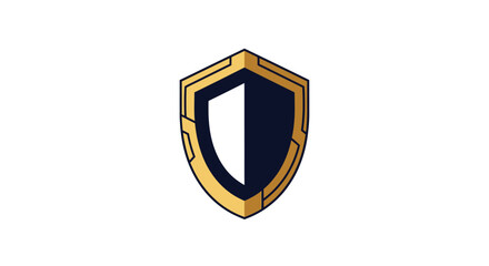 A stylized shield emblem with a gold border, divided into white and dark blue sections, set against a white background.