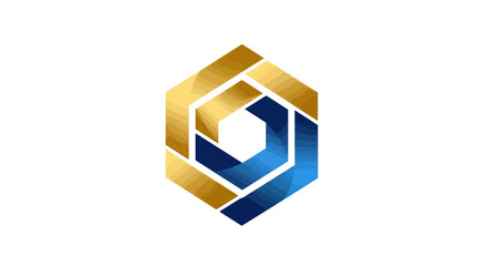 Abstract geometric logo design featuring interlocking hexagonal shapes in gold and blue gradient colors on a white background.