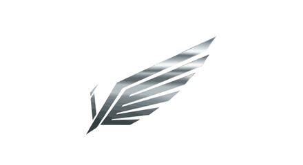 A stylized silver wing design against a stark white background, suggesting flight or aspiration.