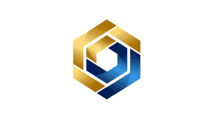 Abstract geometric logo featuring interlocking hexagonal shapes in gold and blue, creating a modern and sophisticated design.