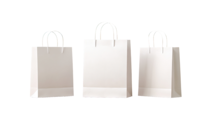 Three white paper shopping bags of varying sizes, arranged vertically.  Simple, clean design with handles