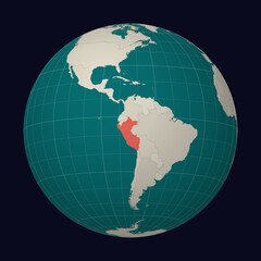 Peru on the map. Globe centered to Peru. Country location on the world map. Teal Pale Mint color palette. Globe with countries, meridians and parallels. Amazing vector illustration.