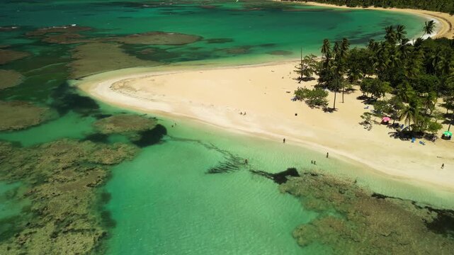 4K aerial footage of Playa Punta Popy &mdash; vivid turquoise water, sandy coast, and palm trees. Filmed 06 August, 2025, Las Terrenas, Dominican Republic