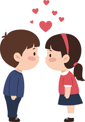Children kissing with hearts above in cute romantic love illustration vector