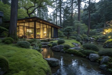 Obraz premium Modern glass house nestled in a lush, green japanese garden with a stream at dusk