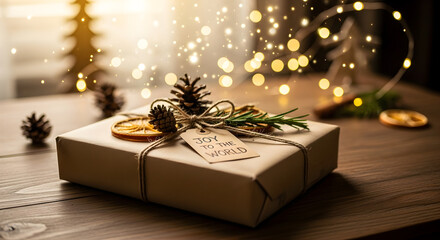 Eco friendly christmas gift box in craft paper, handmade present in rustic style, glowing lights, natural decoration.  Zero waist, environmental conservation, sustainable lifestyle, recycling.