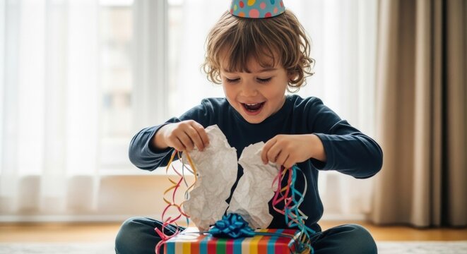 Excited boy with party hat ripping open a colorful striped birthday present