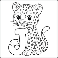 Letter J with Jaguar Educational sketch Coloring Page for Kids