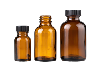 Three amber glass bottles of varying sizes, each with a black screw-on cap, on a plain white background