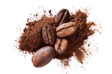 Coffee beans and powder.  A scattering of roasted coffee beans and grounds sits atop a textured, dark brown powder