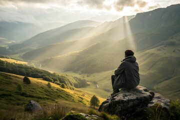 Man sitting on a rock overlooking a valley with sun rays breaking through clouds
