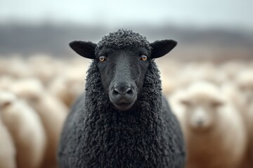 Naklejka premium Lone black sheep in sharp focus on green grass background