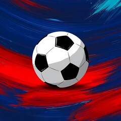 Naklejka premium Dynamic soccer ball against a vibrant red and blue abstract background.