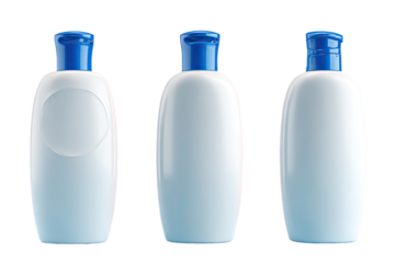 Three light-blue plastic bottles,?each with a?blue cap,?and a?white?circular?label area, presented in a?horizontal?row