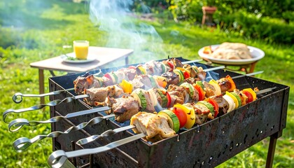 Grilled skewers on a barbecue in a garden