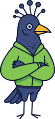 Fototapeta premium Blue bird character wearing green jacket with crossed arms cartoon vector illustration 