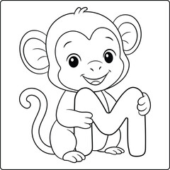 Letter M with Monkey Educational sketch Coloring Page for Kids