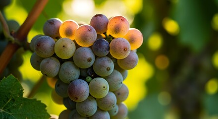 Sunlit Bunch of Ripening Grapes on a Vine.