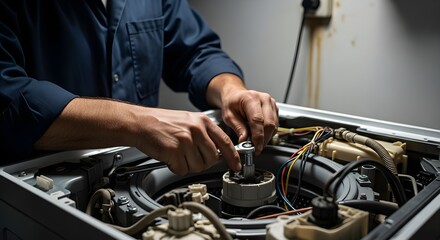 Professional appliance technician repairing washing machine in a workshop environment